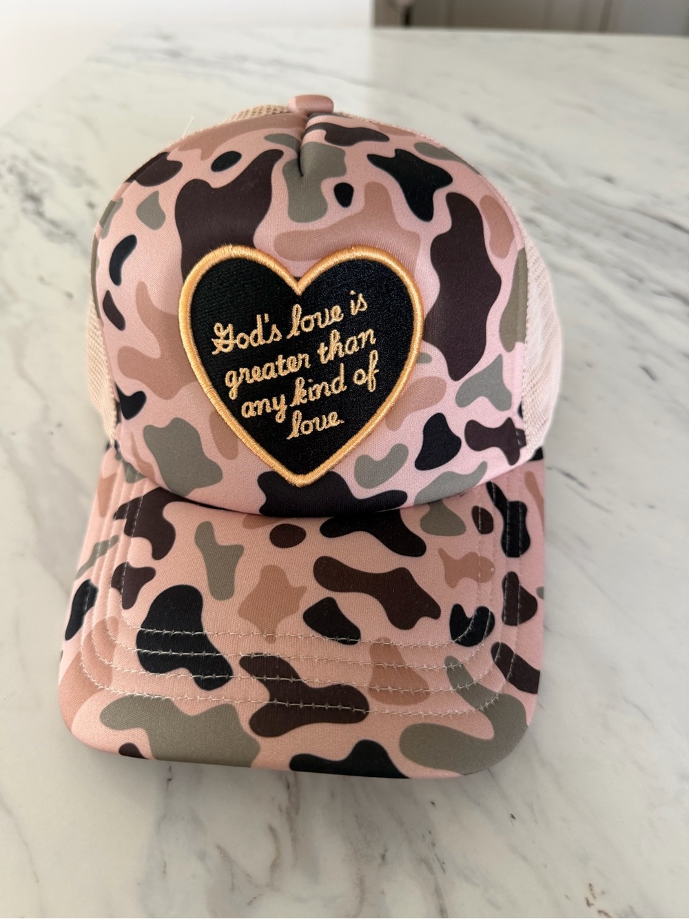 Cream Camo Women’s Trucker Hat with Heart Patch